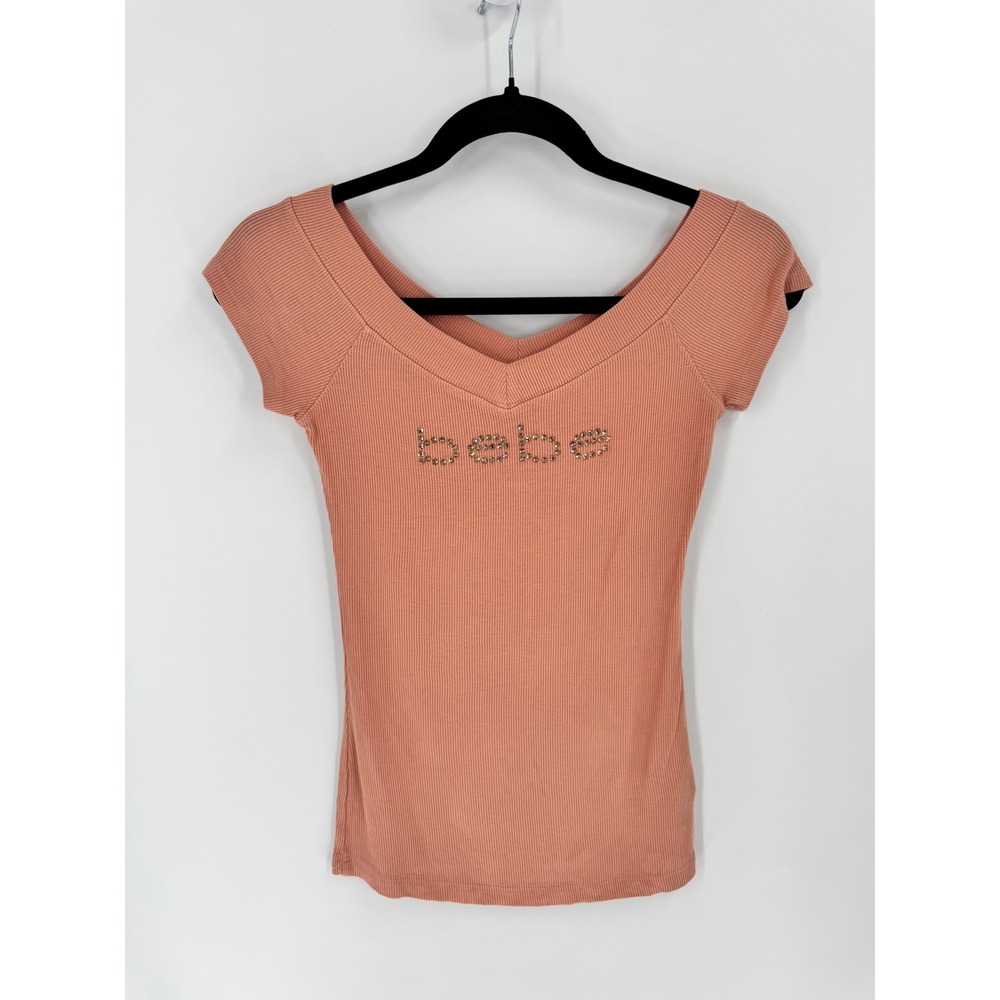 Bebe Ribbed Rhinestone Logo Top Women Small Peach V-Neck Y2K Cap Sleeve